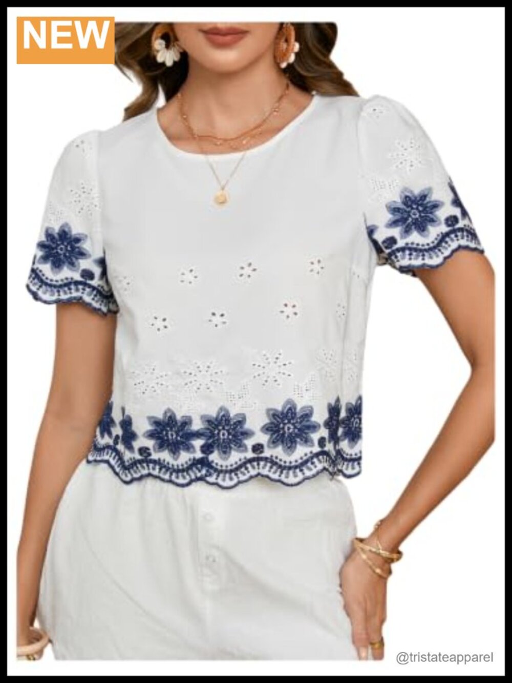 Boho Eyelet Floral Embroidered Blouse Short Sleeve Scalloped Crew Neck